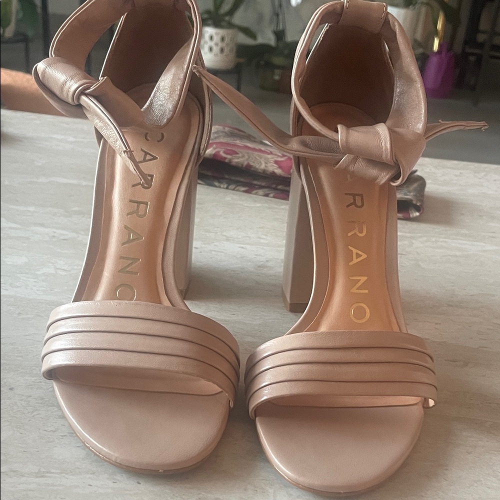 Carrano Italian footwear - ankle tie leather  El Tan Block Heel Sandals- Spring